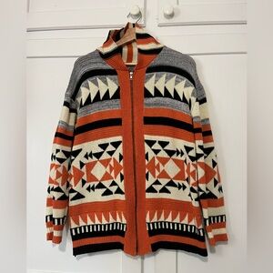 Southwest Aztec Zip Up Sweater Cardigan Foldover Collar Small